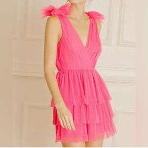 STORIA Deep V-Neck V-Back High Waist Babydoll Ruffled Pink Mini Dress